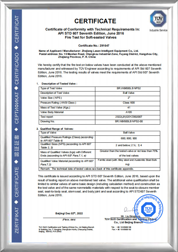 شهادة مكافحة الحرائق API 607 ​​(BR.W8/600 LB NPS2)